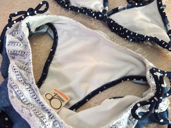 ★OPオーシャンパシフィックの濃紺可愛いレースフリル付ドット柄な紐ビキニ水着【送料164円】_3