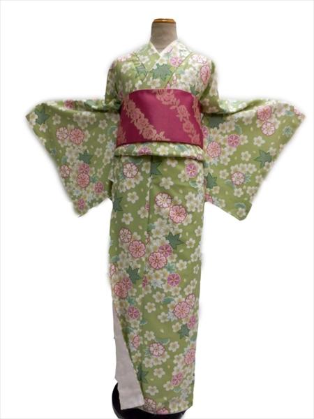 即決 ＲＫ キクチ リョウコ お稽古着などに最適 洗える着物（袷）小紋 Ｍサイズ ヒバ色地 八重桜 柄no300