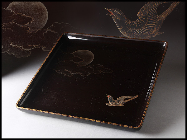 AU514 木地黒漆月夜鳥高蒔絵四方盆・黒塗蒔絵四方盤☆茶道具煎茶道具漆