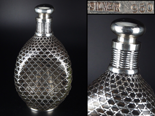 治】純銀製（SILVER950） 網代編透銀巻ボトル☆酒注 硝子 ガラス