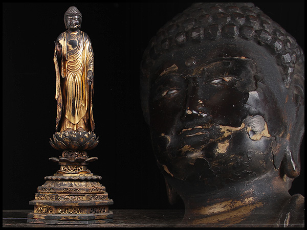 美術品 仏教美術 光背 木彫 立像 阿弥陀如来 木製 仏具 仏像 彫刻 希少