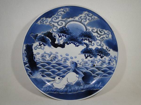 ◇一期一会◇染付 松下波兎の絵大皿◇ 古伊万里 伊万里 江戸 後期 波