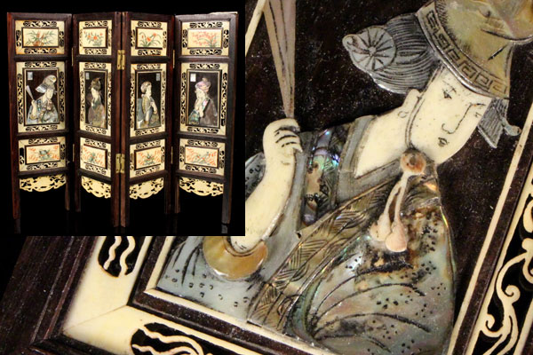 【彩葉】古き時代 骨材 螺鈿細工 硯屏 書道具 中国唐物 h