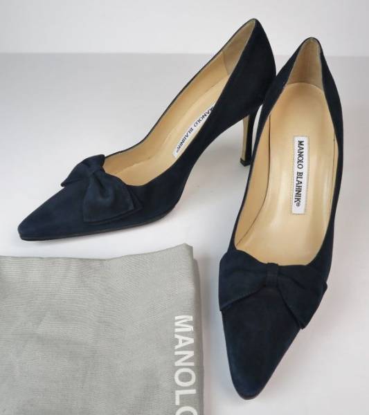 manolo blahnik マノロブラニク スウェード スエード リボン ポインテッドトゥ ヒール パンプス36.5