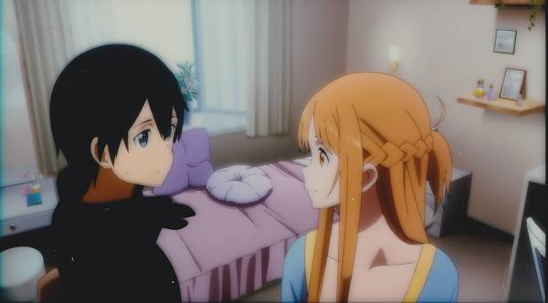 劇場版ソードアートオンラインASO5周目フィルム　アスナの部屋、ベットイン前（見つあうアスナ＆キリト）