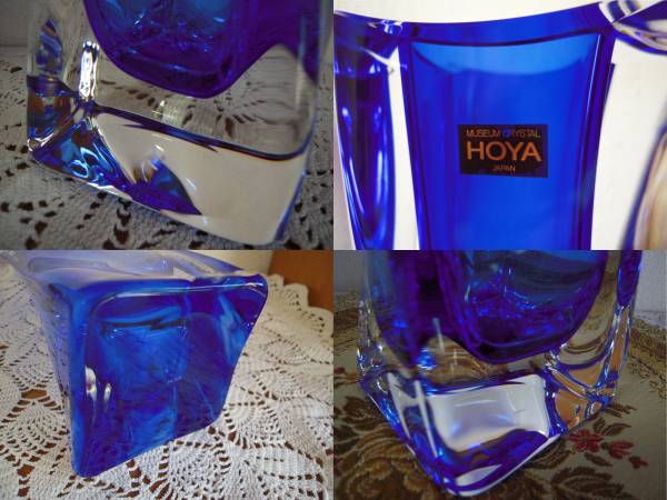 HOYA クリスタル 花瓶 フラワーベース 色被 青 美品 (クリスタルガラス