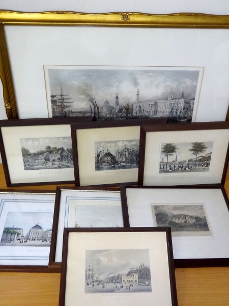 銅版画風オフセット印刷? ヨーロッパの風景 全額装まとめて8点 ● 街中/農村/海港 アンティーク風 手彩色あり ヴィンテージ風 27A棚前Y