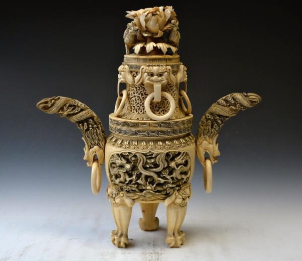 香炉 中国美術 象牙風 彫刻 本象牙 | 獅子龍彫刻香炉 60サイズ E202