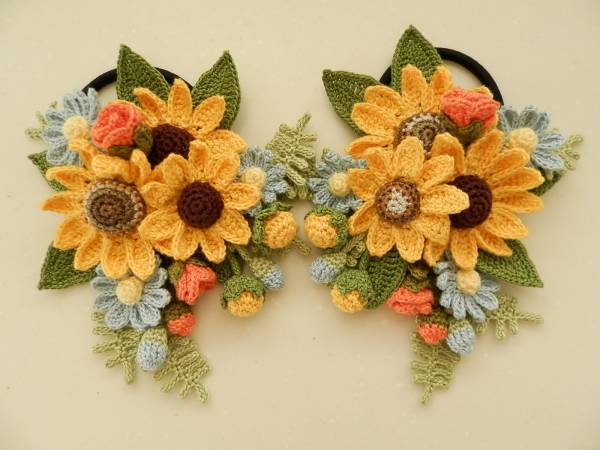 ハンドメイド ヘアゴム 花柄 レース 2個セット ハンドメイド レース編み ♪ひまわりのヘアゴム 2個セット♪(ヘアゴム