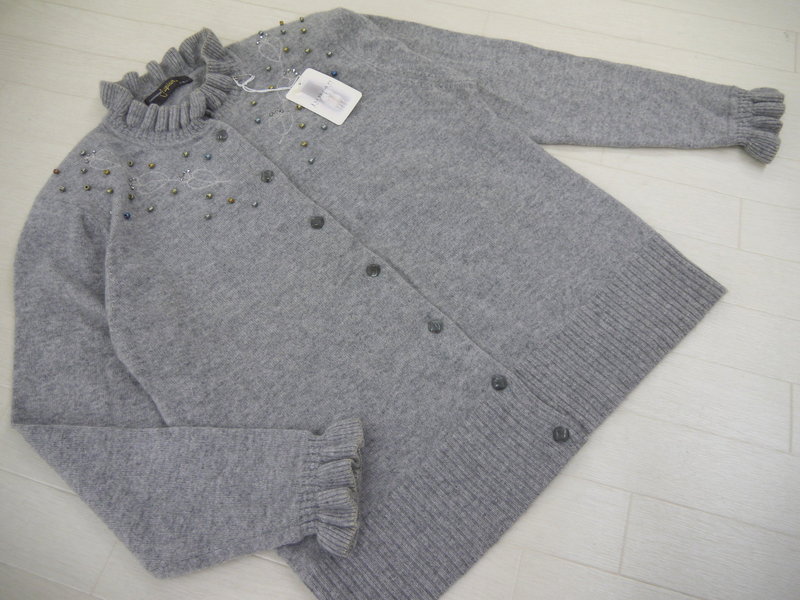 新品 Jupian 東洋紡 カシミヤ100％ニット カーディガン 薄グレー ビーズ 9