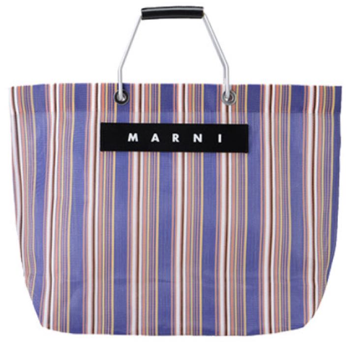 新品　未使用 MARNI FLOWER CAFE マルニ フラワーカフェ ネイビー 青　ピンク ナイロン ストライプ レザー バッグ トートバッグ
