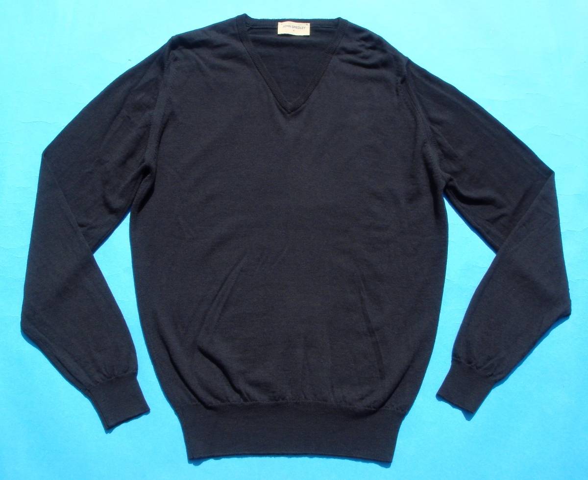 ☆ジョンスメドレー 24Gウール Vネックセーター 紺(M)24ゲージニット