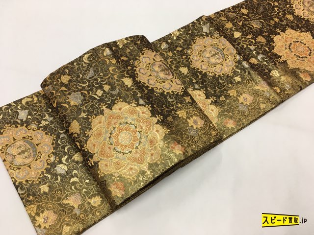 スピ買□ 着物 名品 袋帯 金 華文 花唐草 向かい鳥 金糸 六通 正絹
