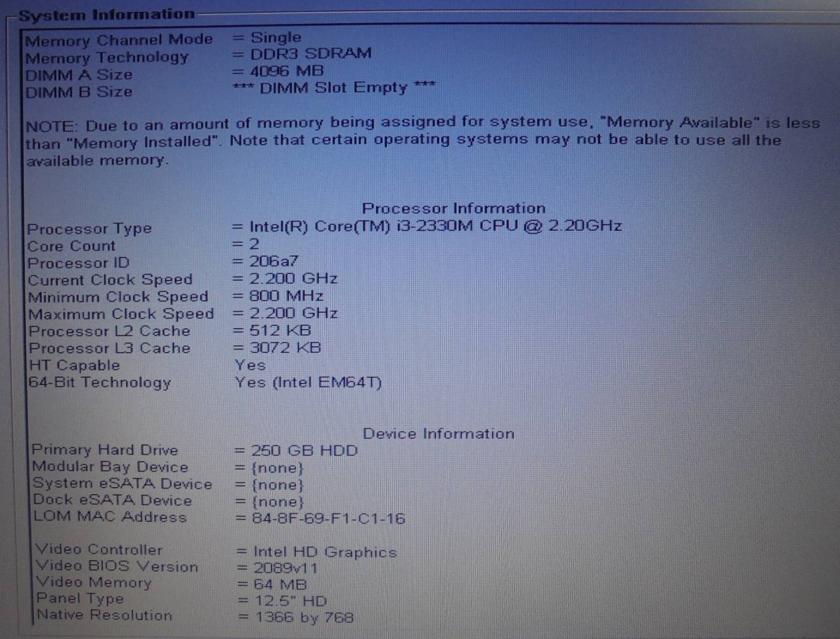 □中古 DELL Latitude E6220 Core i3 2330M 2.20GHz/4G/250GB Win7 Pro 