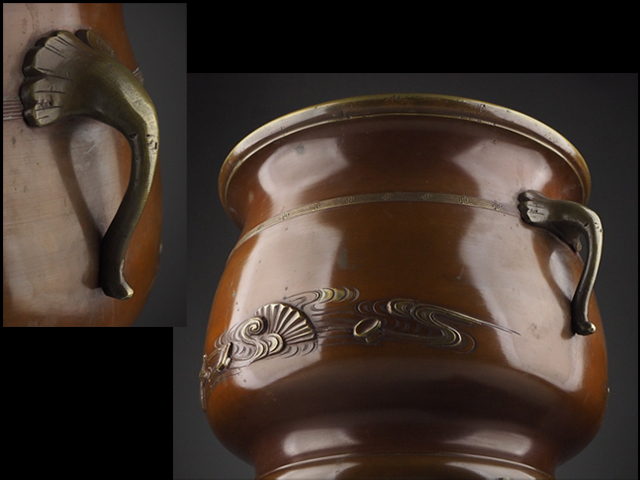 【夢工房】時代宣徳銅扇流水紋蓮耳火鉢箱入　4ｋｇ　幅31.2㎝　BW84