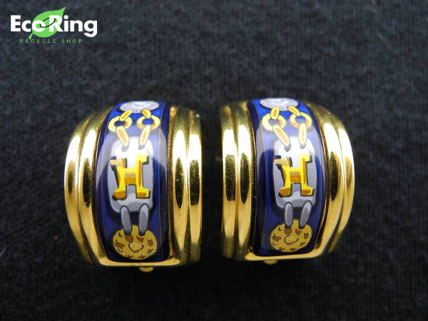 1円 エルメス エマイユ イヤリング ゴールド色×ブルー BN552