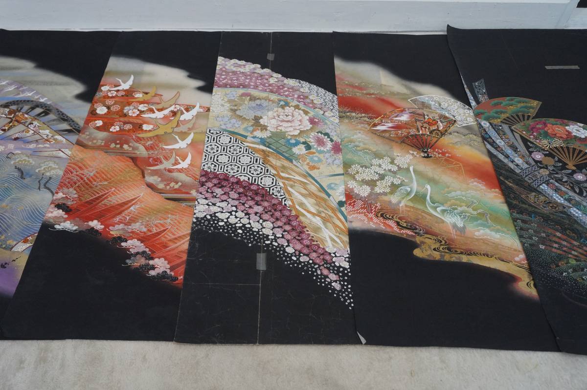 京都西陣163◆希少品 友禅染 手描き 染見本 紙5枚セット◆着物 黒留袖 礼装 伝統工芸 額縁 日本文化 古典柄 扇 のしめ 舟 波 牡丹 鶴