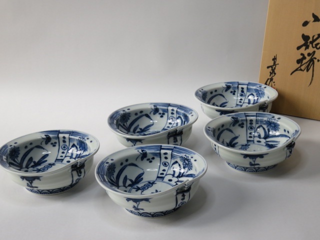 其泉作　染付一方切次　小鉢揃５客