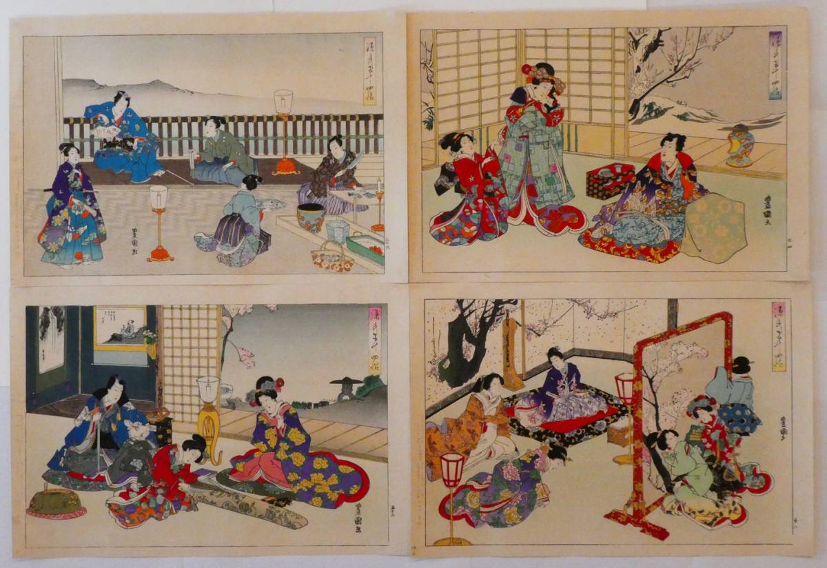 逸品！ 歌川国松 「源氏五十四帖 4枚」 本物 浮世絵 大判 錦絵 木版画 五代目歌川豊国