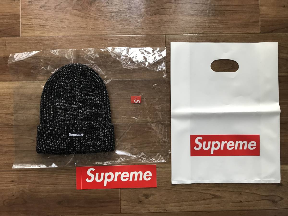 新品未使用 / 17aw Supreme Reflective Loose Gauge Beanie / Black ブラック 黒 / ステッカー付 / ニットキャップ ニット帽 box logo ロゴ