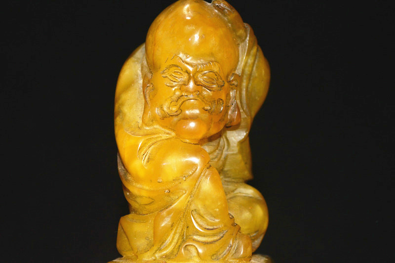 中国 河馬牙製 楼閣山水透かし雕 床飾 置物 唐木台付 V 9341 【萌KV