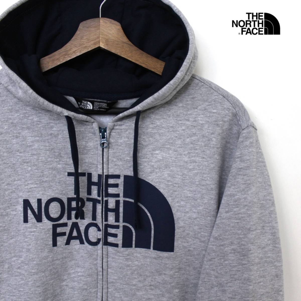 1円～新品(ot582)The North Face Full Zip フードパーカー(XXL)【杢グレー×LOGO紺色】◆BIG LOGOスタイル◆USA限定◆ノースフェイス正規品