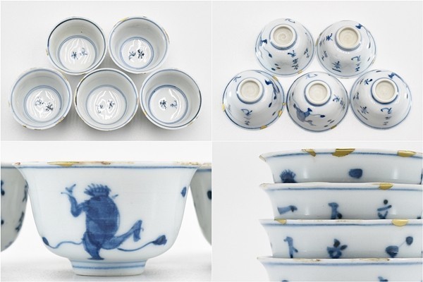 陶磁[染付煎茶碗五客揃]中国/唐物/茶杯/茶鐘/煎茶道具◎LL1005 【公式