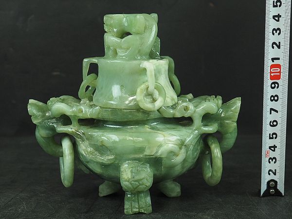 ◇伯◇時代 中国 玉 唐獣 彫刻 香炉 置物 唐木台 45n60