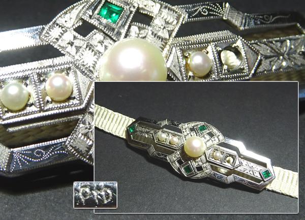 ∇花∇逸品和装具 プラチナ真珠エメラルド装飾工帯留 重量14g