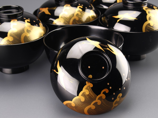 【琴》茶懐石道具 鶴波蒔絵吸物椀五客 箱付 BS213