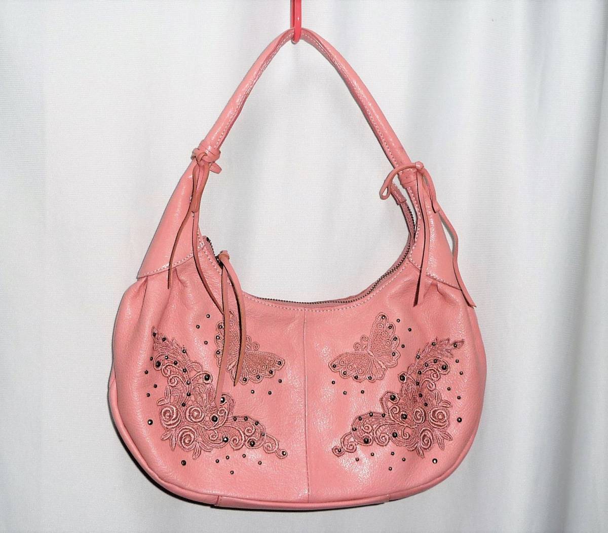 美品□ ANNA SUI □刺繍 ピンク 本革 ハンドバッグ ウェーブ 