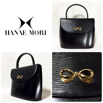 □本革【HANAE MORI ハナエモリ】レザーハンドバッグ 黒 ブラック 