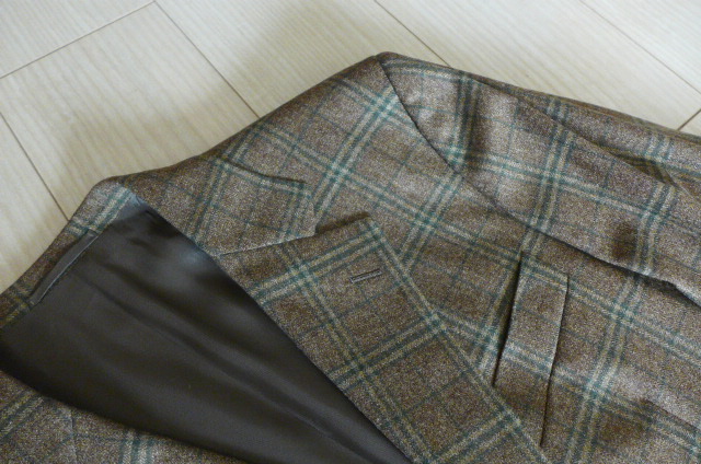 ベルベスト 絹麻綿チェック柄ジャケット 薄緑色 46{sold Belvest春夏 