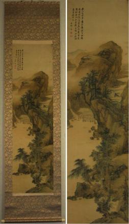 掛け軸2本 ①南義信作「静日」、②佐野硯水作 秋渓図 模写】掛軸 河野秋邨 「松林山水図」 愛媛南画家 絹本 真作⁄河野秋邨