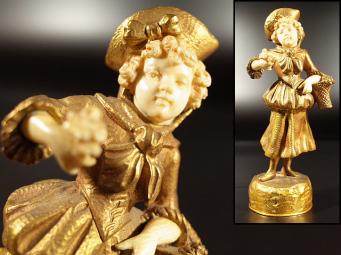 泉美】A910 銅製 象牙 少女 置物 オブジェ 象牙彫刻「象牙多層球