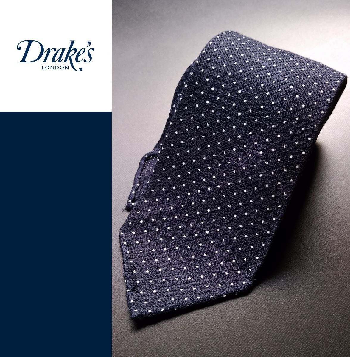 Drake's　ネクタイ　グレナディン　ネイビー 新品 17SS Drake's グレナディン織り ハンドロール ドットプリント