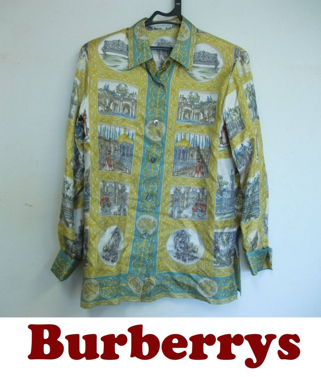 □Burberrys バーバリー□中世西洋画総柄シルクシャツ□黄色カーキ11 