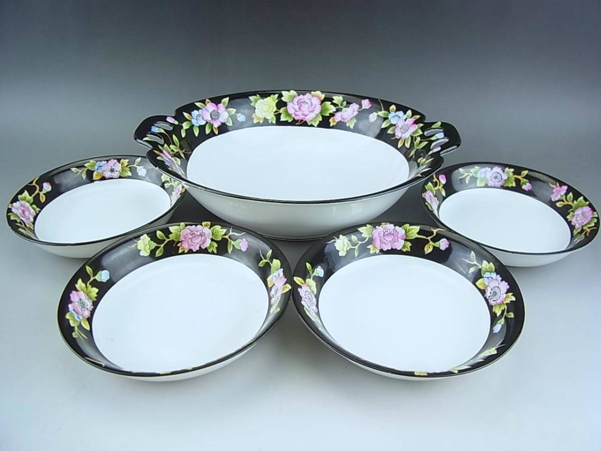 ☆オールドノリタケ☆黒地帯手彩色牡丹文☆5点セット☆