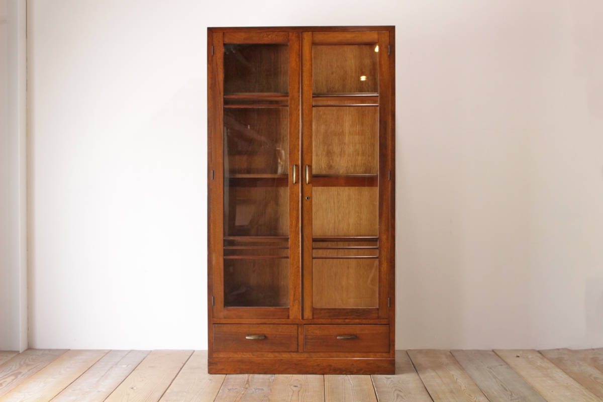 木製 飾り棚 ガラス扉 収納棚 英国アンティークのガラス扉付き本棚、オーク材のおしゃれなブック 中古 昭和 古家具 本棚 ブックシェルフ 食器棚 ガラス扉 収納 クラシカル 和モダン レトロ 無垢 戸棚 キャビネット/小道具