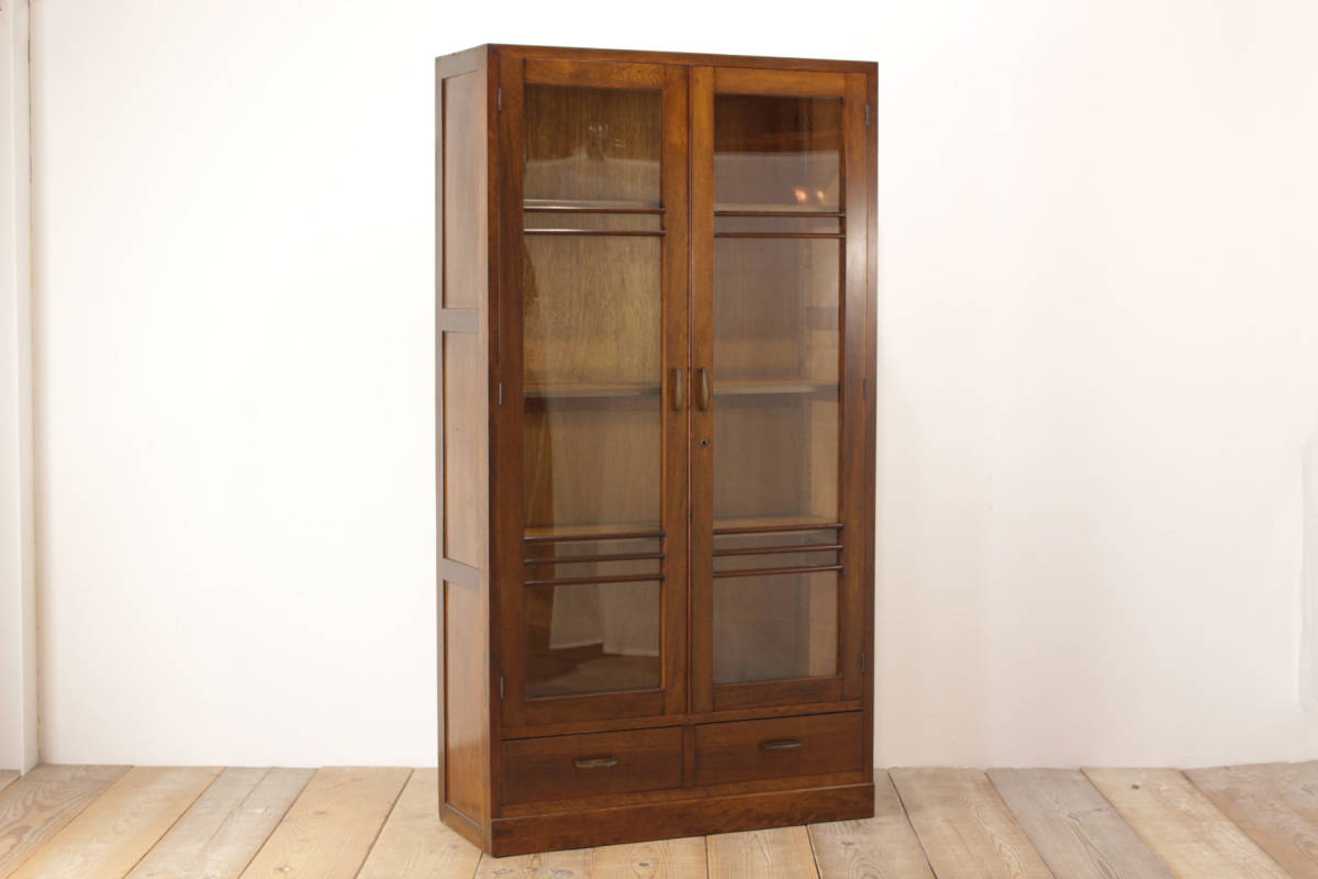 木製 飾り棚 ガラス扉 収納棚 英国アンティークのガラス扉付き本棚、オーク材のおしゃれなブック 中古 昭和 古家具 本棚 ブックシェルフ 食器棚 ガラス扉 収納 クラシカル 和モダン レトロ 無垢 戸棚 キャビネット/小道具