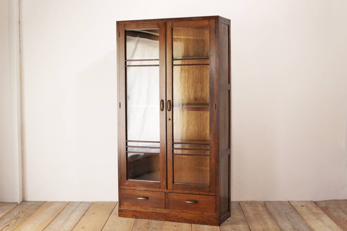 木製 飾り棚 ガラス扉 収納棚 英国アンティークのガラス扉付き本棚、オーク材のおしゃれなブック 中古 昭和 古家具 本棚 ブックシェルフ 食器棚 ガラス扉 収納 クラシカル 和モダン レトロ 無垢 戸棚 キャビネット/小道具