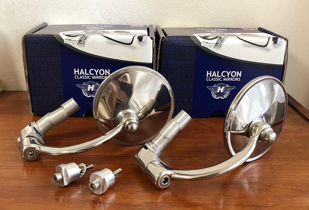 英国 HALCYON ハルシオン製 スタジアムバーエンドミラー 丸型 左右