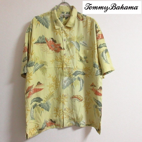 高品質，HOT 良品 即日発送 高級シルク100% US古着 Tommy Bahama トミーバハマ/メンズL 薄黄色/ 和柄 プリント アロハ シャツ ハワイアン/B10(Lサイズ)｜売買されたオークション情報、yahooの商品情報をアーカイ アロハシャツ