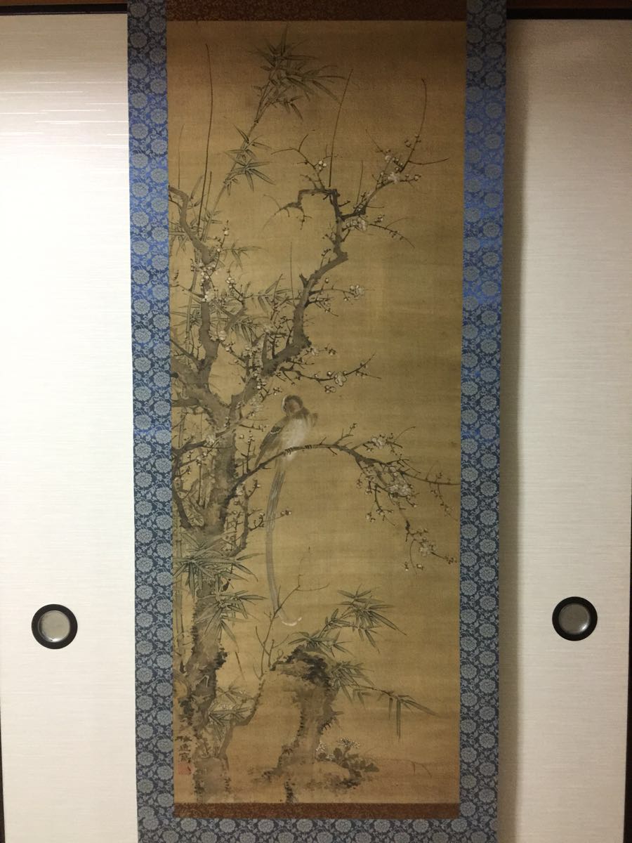 真作⁄省三⁄花鳥図⁄栗にキツツキ図⁄掛軸⁄