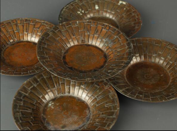 ID132》煎茶道具 銅製 竹節細工茶托五客 モール造 初だし品 流