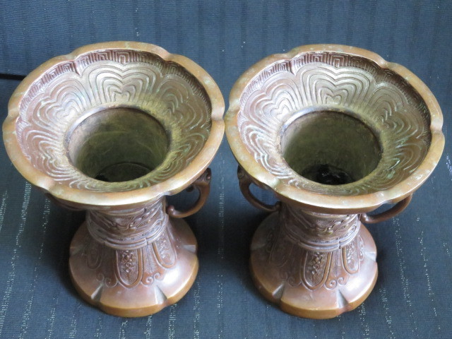 古銅 仏具 花立 花器 亀甲文様 蓮台 大型 約24cm 骨董 アンティーク」 クリーニング済み】アンティーク 花立 仏具 2点セット 銅 公式