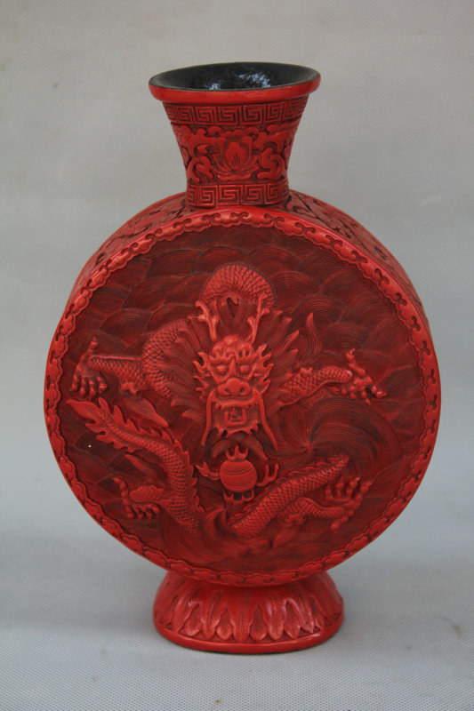 貴重 極上品 漆器漆彫 堆朱 剔紅 龍騰紋 花瓶 花器 文房賞物 置物 在銘