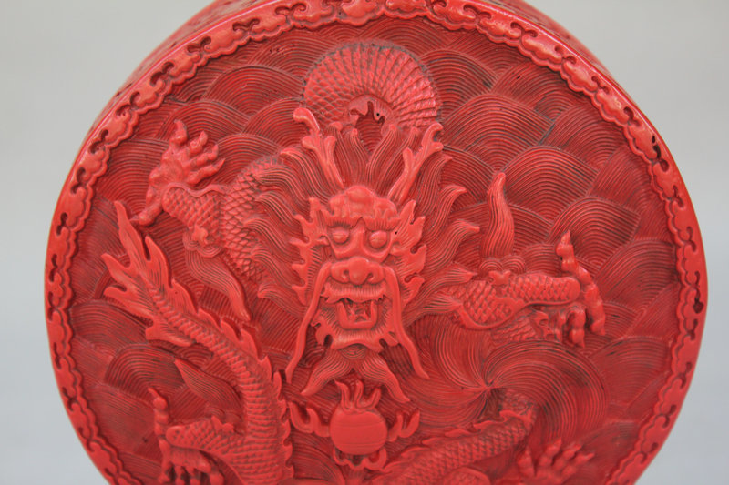 貴重 極上品 漆器漆彫 堆朱 剔紅 龍騰紋 花瓶 花器 文房賞物 置物 在銘