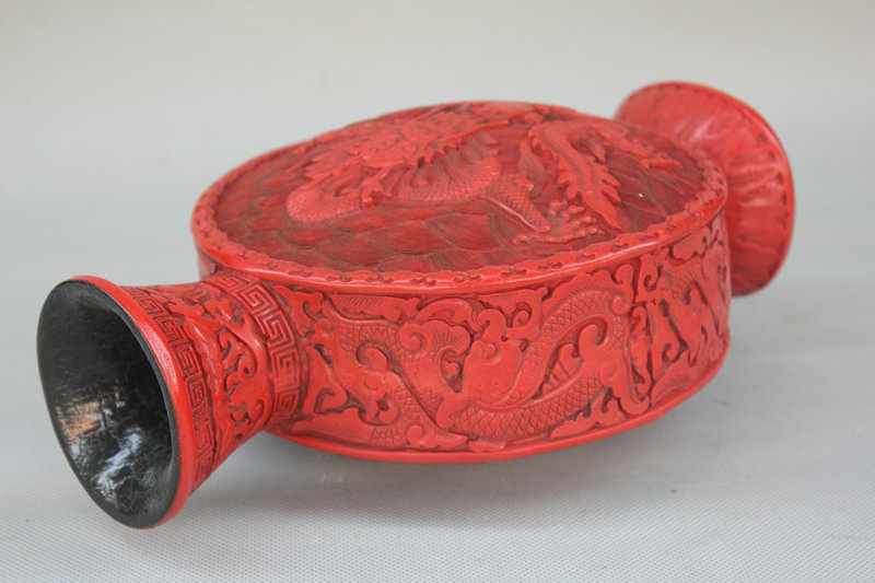 貴重 極上品 漆器漆彫 堆朱 剔紅 龍騰紋 花瓶 花器 文房賞物 置物 在銘