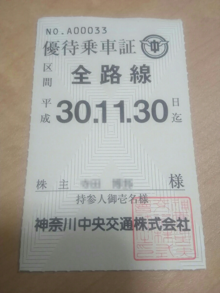 【送料無料】神奈川中央交通　株主優待　全路線　優待乗車証　乗り放題(即日発送)
